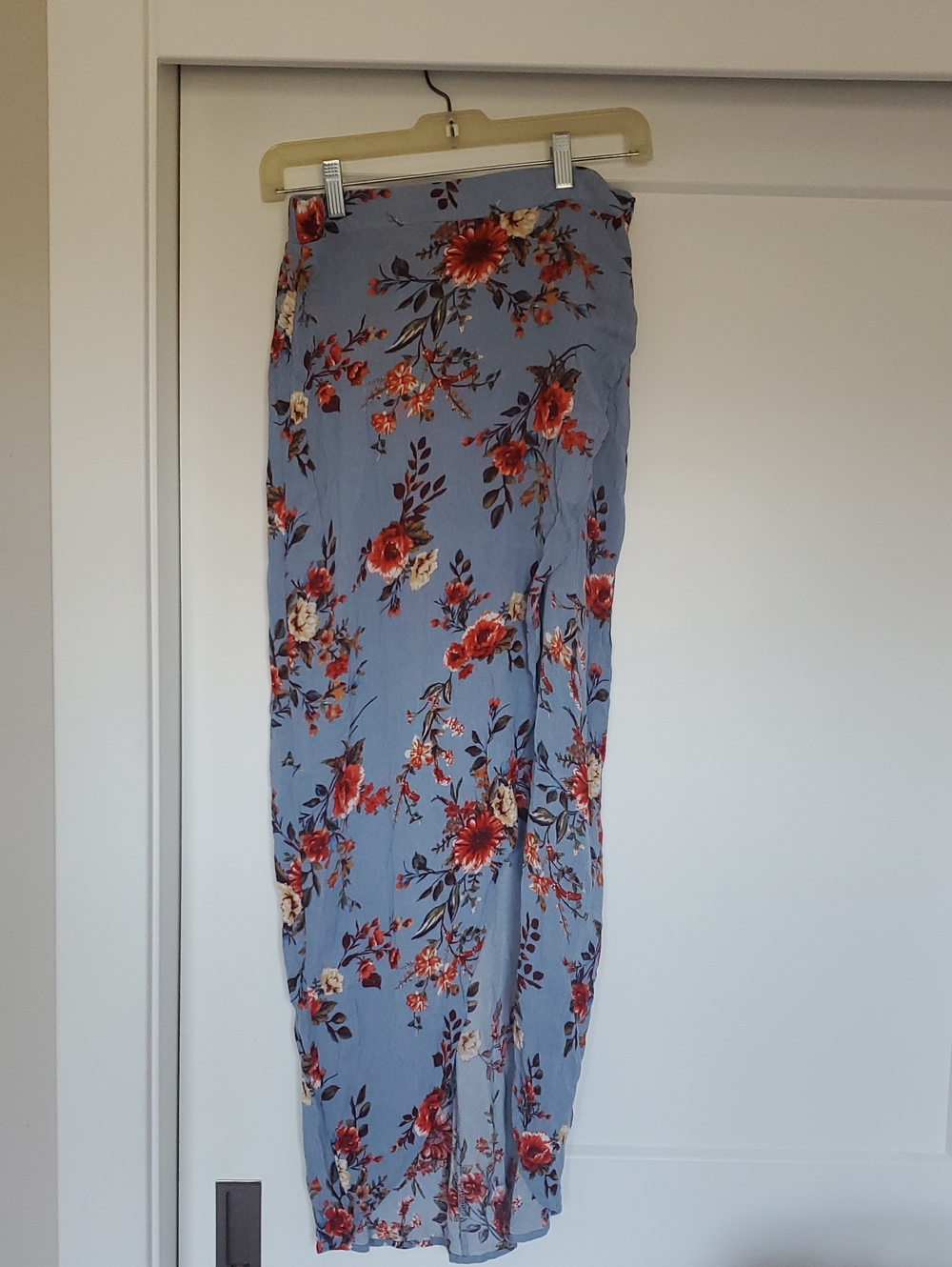 Sky and Sparrow Light Blue Maxi Skirt with Red Floral Print
